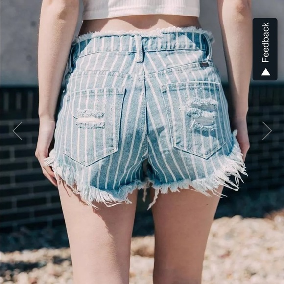 KANCAN Hi Rise Striped Jean Shorts Destroyed Fringe Raw Hem Distressed Small - Picture 2 of 10